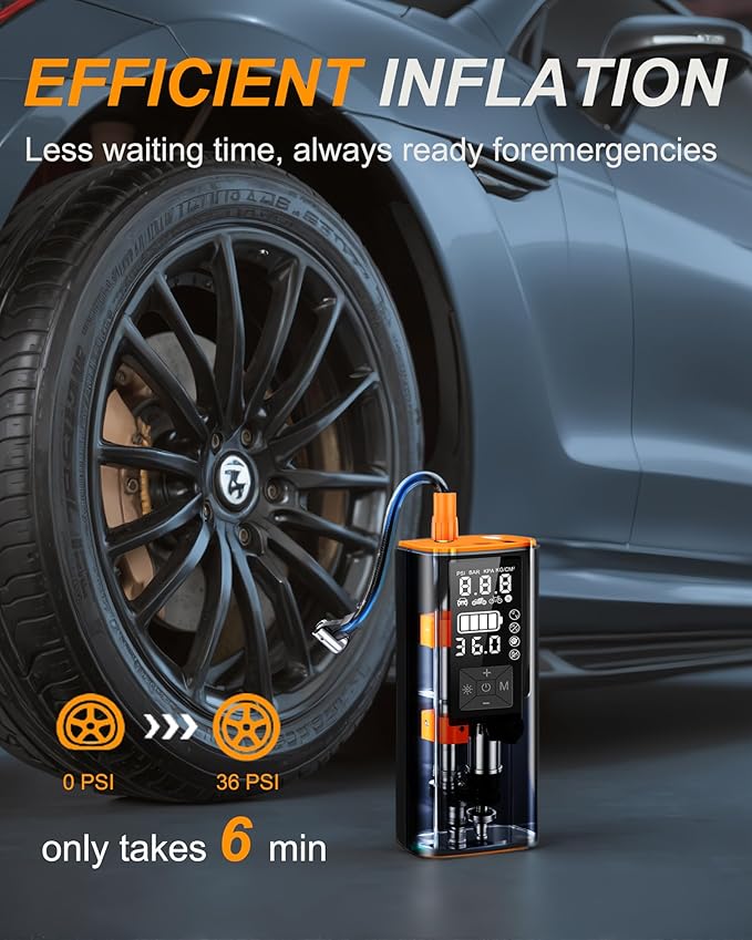 Tire Inflator Portable Air Compressor 150PSI, Extra-Long Battery Life, Auto Shut Off Air Pump for Car Tires, LCD Display with 4 Modes, LED Light Emergency Use for Car Motorcycle Bike Ball