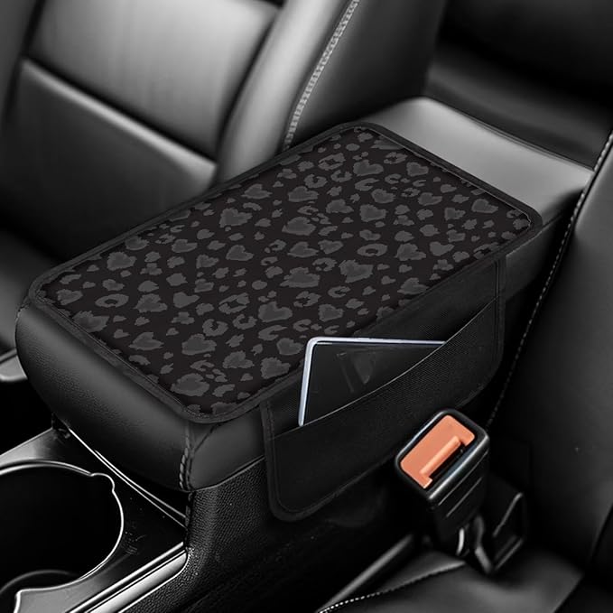 Dreaweet Black Leopard Print Car Accessories Center Console Covers with Pockets Cheetah Print Armrest Cover for Truck SUV Car Arm Rest Cushion Pad Soft Comfortable