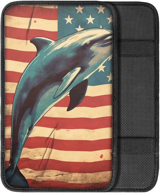 Car Center Console Pad, Universal Waterproof Car Armrest Seat Box Cover, Car Interior Accessories for Most Vehicle SUV Truck Vintage American Flag Dolphin Car Armrest Pad