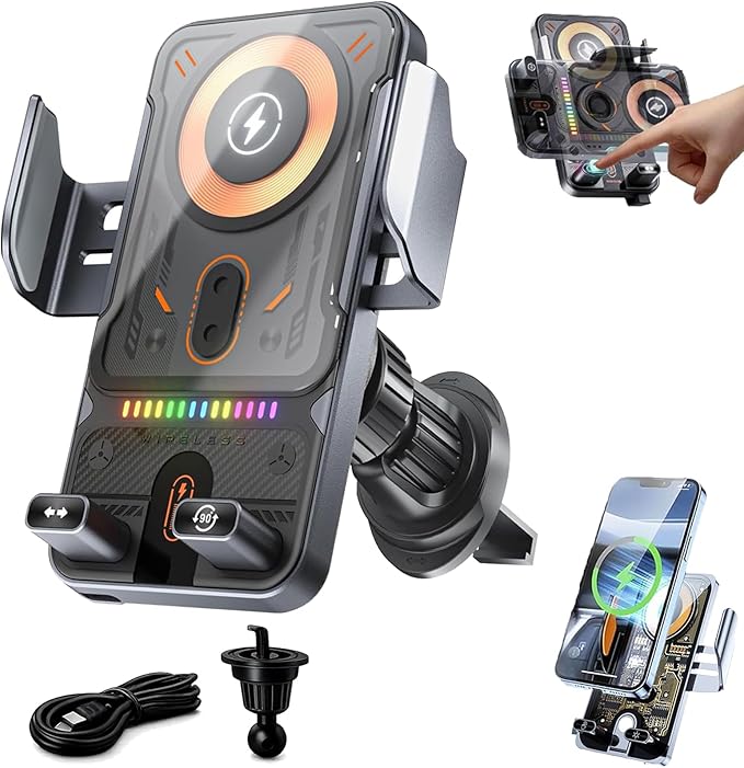2026 New Cool Car Wireless Fast Charging Phone Holder, High Intelligent 2 in 1 Wireless Charging Rotating Car Mount, Auto-Clamping Dashboard Cars Bracket with Charger Station for All Smart Phone (B+)