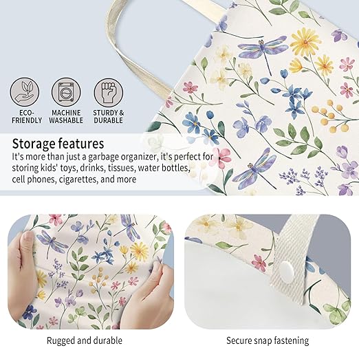 AUEKLLW Car Trash Can, Hanging Garbage Bin for Men and Women, Cute Car Organizer and Storage Bag, Canvas Vehicle Trash Can Bag Easy-to-Install Cute Colorful Flowers