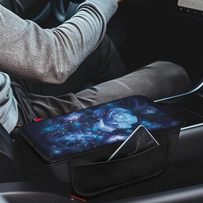 CLOHOMIN Blue Rose Car Armrest Center Console Cover Butterfly Vehicle Center Console Armrest Cover Pad for Most Cars Trucks SUVs Auto Interior Accessories Arm Rest Pad Cushion