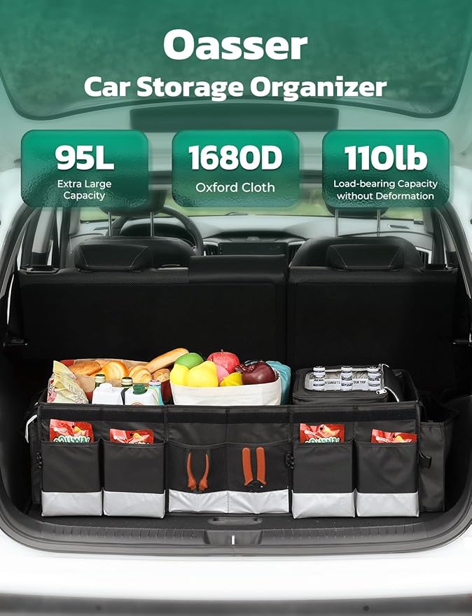 Oasser Trunk Organizer with Cooler Bag 95L, Bearing 110lb No Deformation, Collapsible with Multi Compartments, Removable Insulated Bag, Foldable Lid, Non Slip Bottom, 2 Adjustable Straps (Black&Grey)