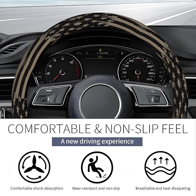 Steering Wheel Covers for Car, Truck, and SUV, Cute Non-Slip Breathable Elastic Steering Wheel, Car Accessories, Universal 15 Inch Leather Cover for Men Women American Flag Stripes