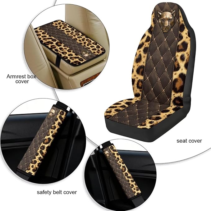 Qeluxign 5 Piece Car Accessories Set with 2 PU Leather Seat Covers, 2 Belt Pads & 1 Armrest Cover Fit for Most Vehicles Easy Install & Clean,Leopard Print Panther Head