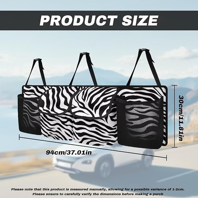 Hanging Trunk Organizer, Zebra Stripe Foldable Car Trunk Organizer Back Seat with 4 Large Pockets, Hanging Trunk Organizer Universal for Vehicles (with Mesh Bag)
