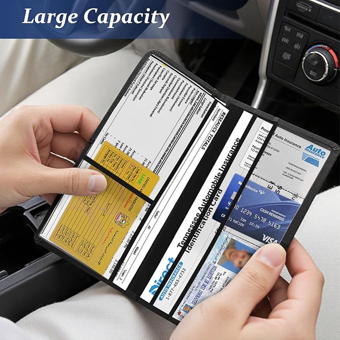 Car Registration & Insurance Card Holder PU Leather Vehicle Glove Box Organizer for License, ID, and Documents (Black)