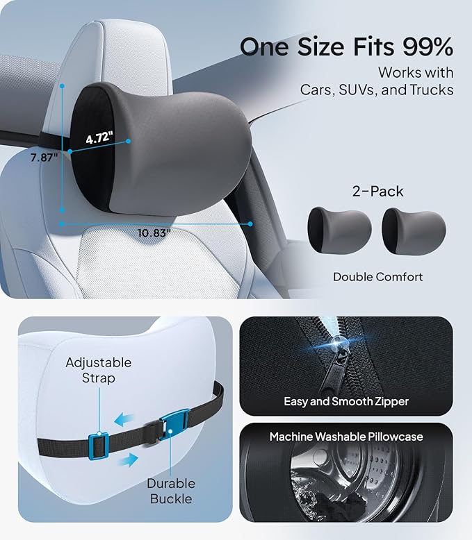 Wigoo 2026 Upgrade Car Neck Pillow [No More Pressure, Odorless] Soft Car Headrest Pillow with Adjustable Strap Removable Cover 100% Memory Foam, Fits All Vehicles (Gray 2-Pack)