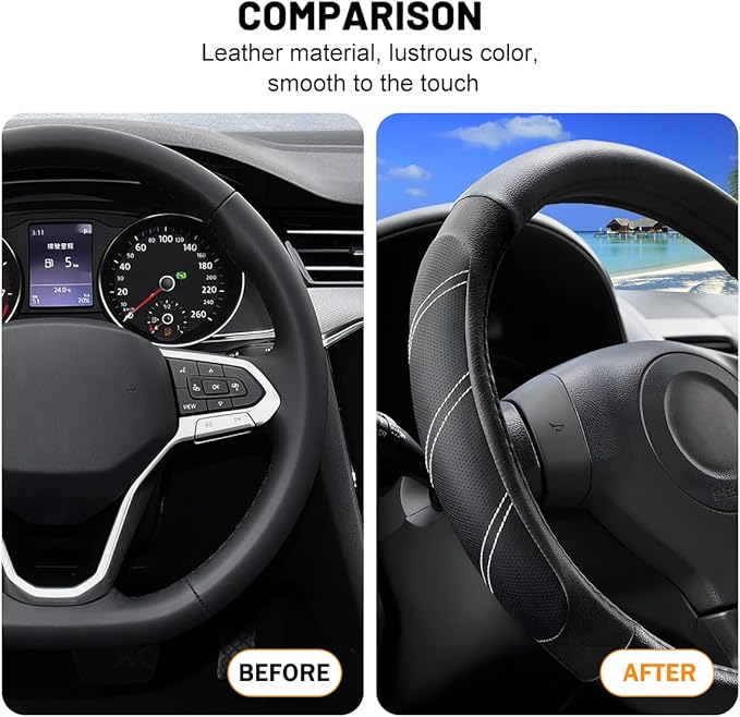 Car Steering Wheel Cover, 15 Inch Carbon Fiber Leather Non-Slip Steering Wheel Protector with Lining, Breathable Automotive Interior Accessories, Universal for SUV RV Truck (Black)