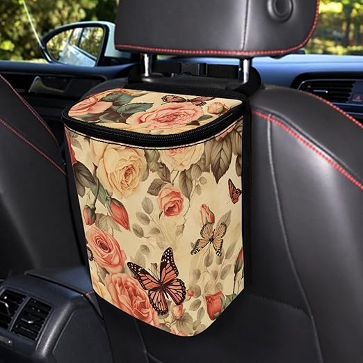 Rose Car Trash Can Hanging,Vintage Rose Floral Butterfly Auto Garbage Bag with Lid Seat Leak Proof Easy to Install Universal Fit Most Vehicle Back/Front/Console of Any Cars,Rose Car Accessory