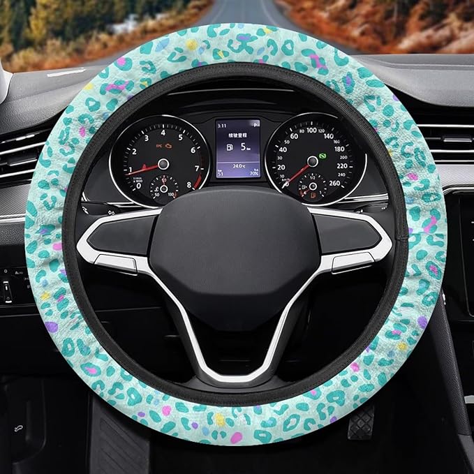 Universal Non-Slip Steering Wheel Cover, 15-inch Polyester Material Driving Accessories, Adjustable for Car and Truck(Mint Green Colorful Leopard)
