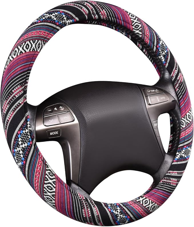 CAR PASS Boho Steering Wheel Cover, Ethnic Flax Cloth Universal Steering Wheel Cover,Anti-Slip Design, Fit 14.5-15 inches for Vehicles,Cars,SUV,Vans