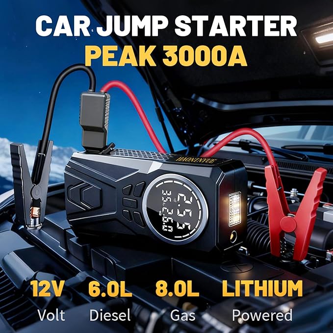 Car Jump Starter with Air Compressor,3000A Car Emergency Starting Power Supply,150PSI Tire Inflator Portable Compressor,battery jump starter,Portable Tire Inflator for Cars,Pickup Trucks,Bicycles,etc.