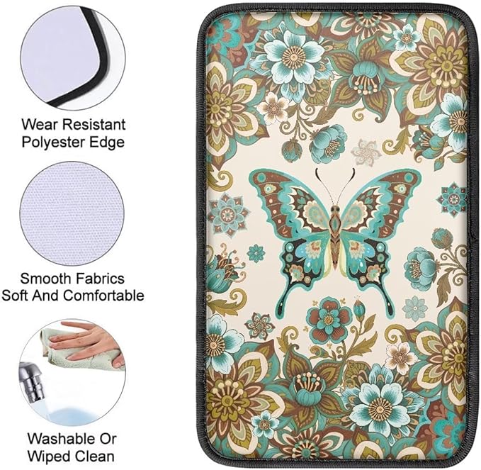 Butterfly Flowers Arm Rest Cover Car Easy to Install Car Console Covers Vehicle Armrest Cover Vehicle Accessories 12.3 x 7.5 Inch Fit for Most Cars, Vehicles, SUVs
