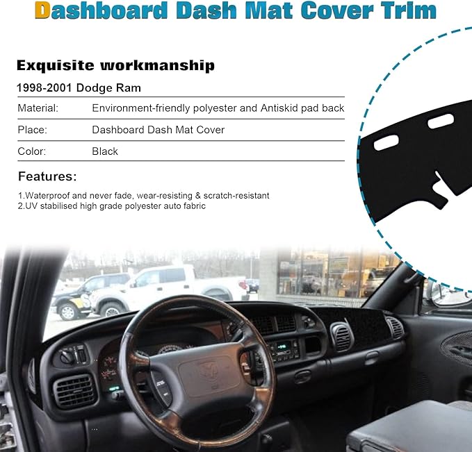 x xotic tech Center Console Dashboard Mat Pre-Cut Non-Slip Sunshield Sun Glare Protector Dash Carpet Pad Black Cover Compatible with Dodge Ram 1500 2500 3500 1998-2001