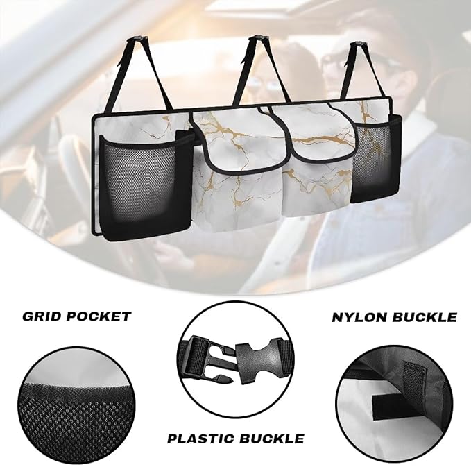 Car Trunk Organizer, White Marble Large Capacity Auto Backseat Hanging Storage Bag with Adjustable Strap & 4 Pockets, Space Saving Car Back Seat Cargo Bag, Car Interior Accessories