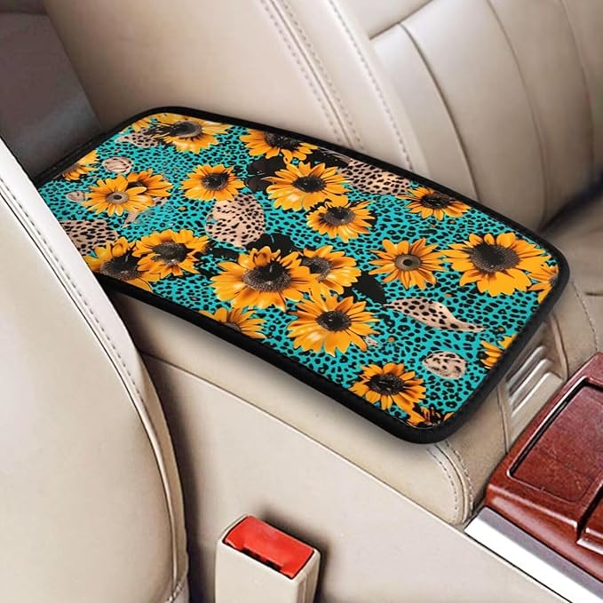 Center Console Cover Sunflower Flower Armrest Lid Cushion Pad Blue Leopard Arm Rest Cover Girly Car Accessories