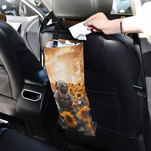 ALAZA Hanging Car Trash Bags Garbage Bag Trash Can for Back Seat Small Astronaut Sunflower Washable Storage Bag Retractable 2 Pack