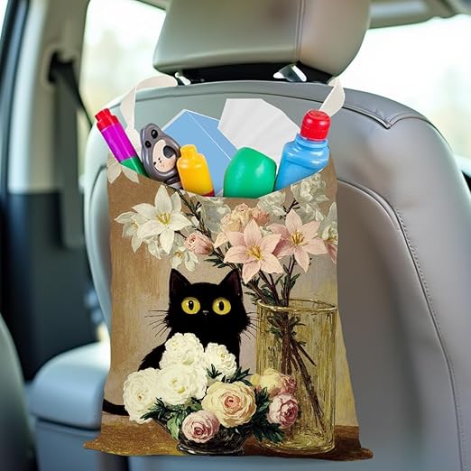 Pykfrhh Black Cat Car Trash Bag, Car Trash Bag Hanging, Vintage Waterproof Cars Back Seat Hanging Organizer and Storage Trash Bags for Vehicle Travelling Camping