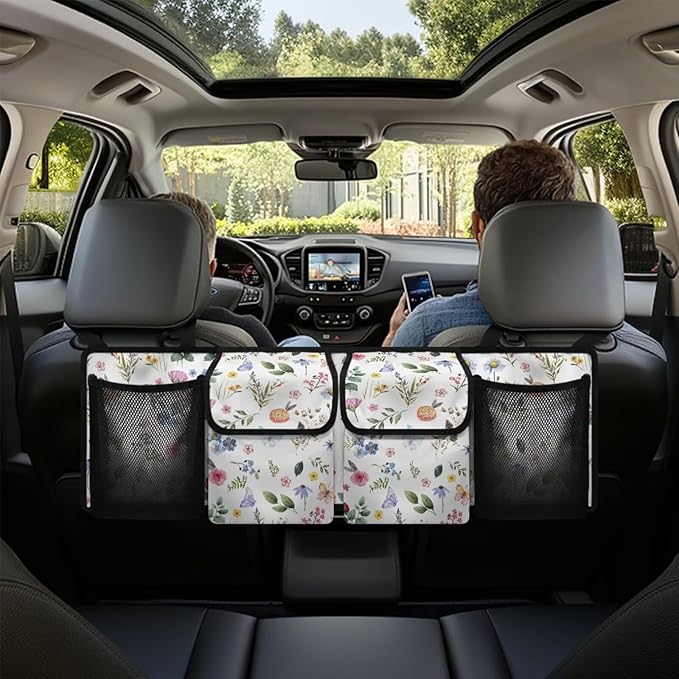 Car Trunk Organizer and Storage, Backseat Hanging Organizer for SUV, Truck, MPV, Van, Sedan, Waterproof Cargo Storage Bag with 4 Pockets, Leaves Flower Car Accessories for Women