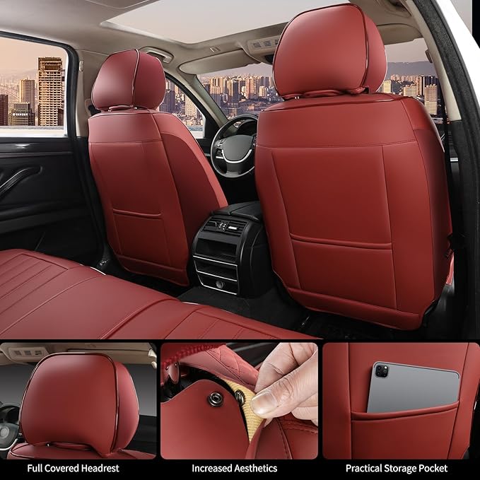 COVER EMPIRE Red Car Seat Covers Full Set, Universal Leather Seat Cover for Cars 5 Seats, Waterproof and Breathable Automotive Seat Cover Front and Rear Seat Covers for Most Trucks, Sedans, SUVs