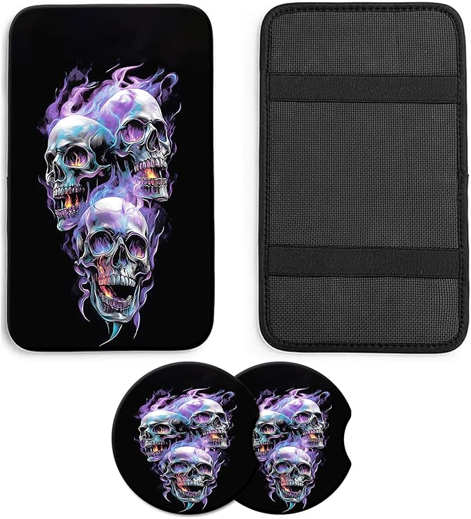 JANENFNA Car Armrest Cover Pads Universal Fashion Cute Auto Center Console Armrest Cover Pad with 2PCS Car Coasters Soft Waterproof Car Armrest Seat Protector for Women,Flame Skull