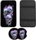 JANENFNA Car Armrest Cover Pads Universal Fashion Cute Auto Center Console Armrest Cover Pad with 2PCS Car Coasters Soft Waterproof Car Armrest Seat Protector for Women,Flame Skull