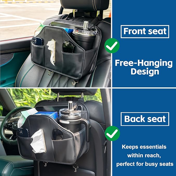 Multifunctional Car Tissue Holder,Back Seat Organizer with Cup Holder,PU Leather Car Headrest Seat Back Storage,Snack Organizers for Kids,Large Tissue Box Cover Fit Kleenex Tissues(50-230ct)