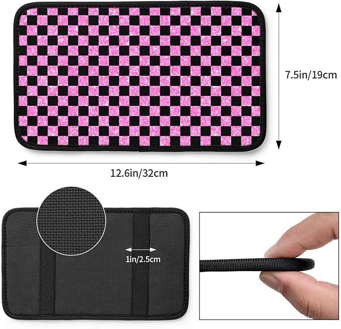 Glitter Pink Black Checkered Chessboard Flag Car Armrest Pad Cute Cars Center Console Cover Auto Handrail Box Cushion Armrests Cover