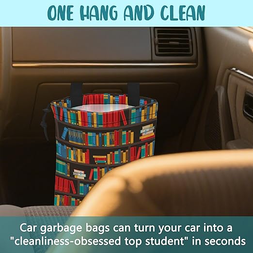 KXWQTRDD Car Garbage Bag Colorful Bookshelves Library Drawstring Car Trash Bag Hanging for Back Seat with Adjustable Buckle Canvas Vehicle Trash Can Easy-to-Install
