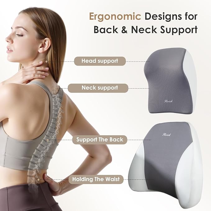 FLORICH Car Seat Cushion & Lumbar Support Pillow & Car Neck Pillow Ergonomic and 100% Memory Foam, Upgraded Larger and Breathable Car Seat Cushion & Back Support Pillow - Grey