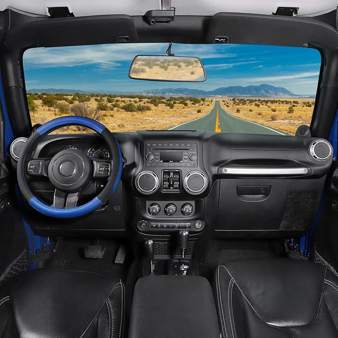 SEG Direct Car Steering Wheel Cover for F-150 Tundra Range Rover 15.5-16 inch, Black and Blue Microfiber Leather