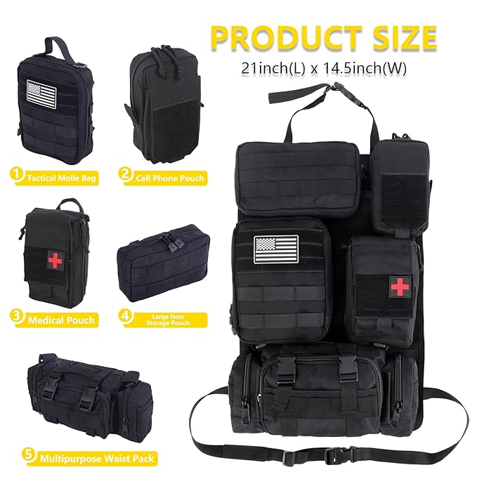 Universal Tactical Car Seat Back Organizer Bag Tactical Molle Vehicle Organizers Panel Gear Accessories with 5 Different Size Molle Pouches for Car Truck Ford Jeep Vehicle (B style-Black)