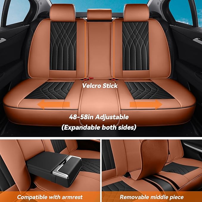 GEZHOUBA Black Brown Car Seat Covers Full Set, Luxury Leather Brown Seat Covers for Front and Rear Seats Waterproof Anti-Slip Full Wrapped Universal Fit for Most 5-Seater Cars SUVs