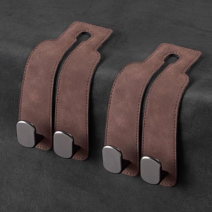 ZWYYTHC 2 Pack Car Seat Back Storage Hook, Headrest Hooks for Car with Metal Hooks, Premium Suede Leather Car Headrest Hooks Universal Car Seat Hooks for Purses, Bags & Groceries(Brown)