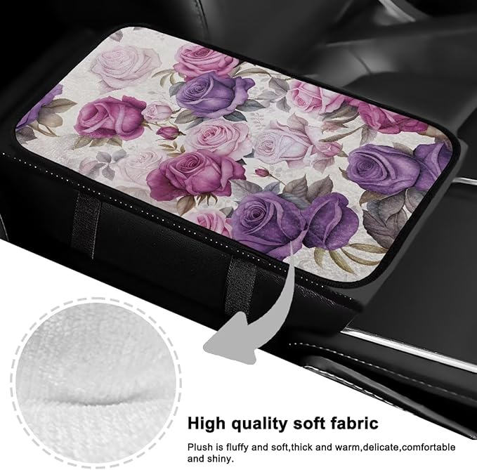 Bulopur Purple Rose Print Center Console Cover Car Center Console Cover Fashion Auto Interior Protect from Pet Claws Flannel Car Console Covers Fit for Most Cars, Vehicles, SUVs