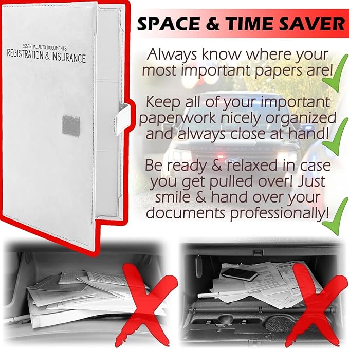 Auto Insurance and Registration Card Holder - Vehicle Glove Box Document Organizer - Car Essential Paperwork Holder for DMV, AAA, Contact Information Cards - Premium PU Leather Wallet Case - White