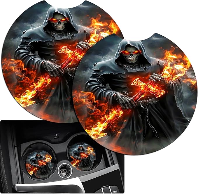 JANENFNA Car Armrest Cover Pads Universal Fashion Cute Auto Center Console Armrest Cover Pad with 2PCS Car Coasters Soft Waterproof Car Armrest Seat Protector for Women,Grim Reaper Flame Cross