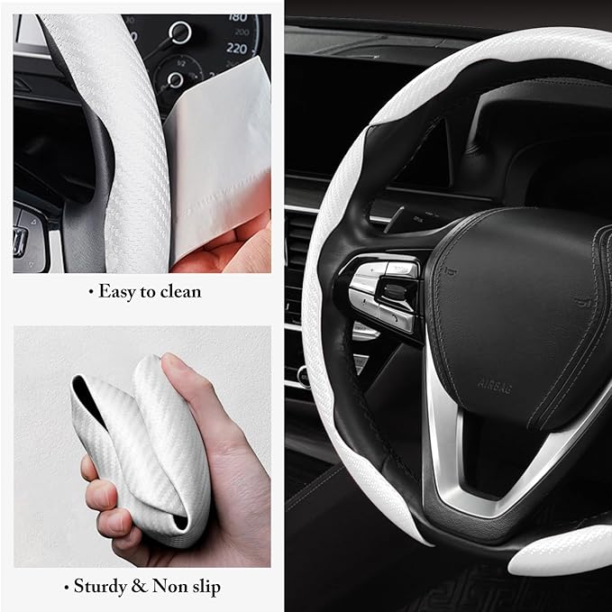 Carbon Fiber Steering Wheel Cover 3pcs Anti-Slip Car Steering Wheel Accessories Snap on Grip 15 inch Universal White