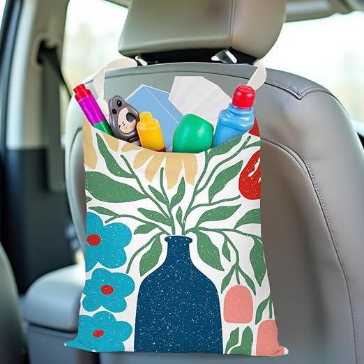 Pykfrhh Boho Flower Car Trash Can, Car Trash Bag Hanging, Waterproof Cars Back Seat Hanging Organizer and Storage Trash Bags for Vehicle Travelling Camping