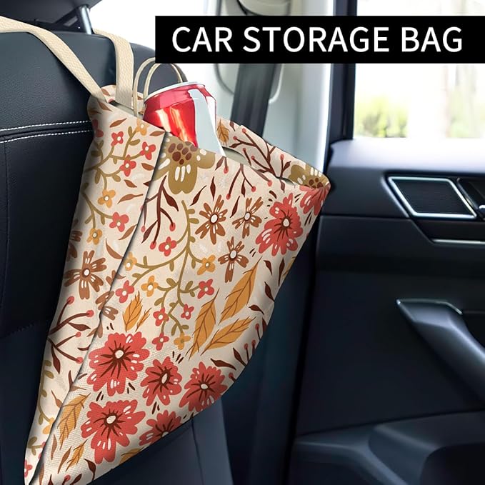 ABUIFDK Car Trash Can, Cute Car Trash Bag, Hanging Car Organizer and Storage Bag, Trash Bin for Car Accessories, Vehicle, Travelling, Camping Boho Floral