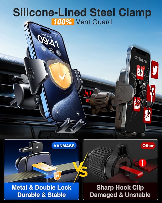 VANMASS Phone Holders for Your Car 2026 Upgraded Military-Grade Car Phone Holder【90+LBS Strongest Suction】Cell Phone Mount Truck Stand for Dashboard Windshield Vent for iPhone 17 Pro Max 16 15 Android