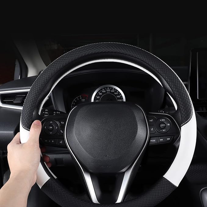 Auto Car Genuine Leather Steering Wheel Cover Anti Slip Wrap 15" (White)