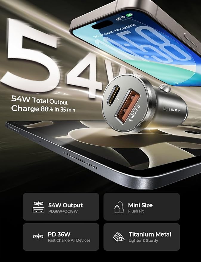 LISEN 54W Mini Cigarette Lighter Adapter Car Charger USB C Fast Charging, 12V Cigarette Lighter USB Car Charger Fast Charging Adapter, for iPhone 17 Pro Max 16 15 14 13 12 Plus Mini, Samsung S25 S24