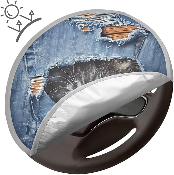 Funny Cat Sun Shade for Car Steering Wheel Heat Resistant Steering Wheel Cover Sunblock Cover 17" Reflector Protector Universal for Most Cars SUV Truck
