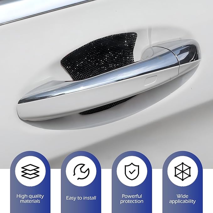 8PCS Bling Car Door Handle Protectors, Shiny Auto Doors Bowl Protective Sticker, Crystal Rhinestone Door Handle Scratch Decals, Auto Vehicle Protector Decor Covers (Black)