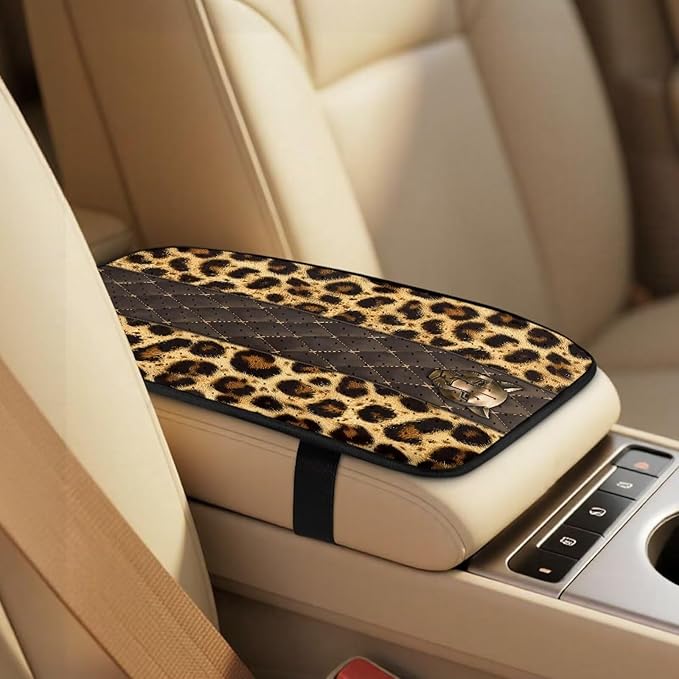 Qeluxign 5 Piece Car Accessories Set with 2 PU Leather Seat Covers, 2 Belt Pads & 1 Armrest Cover Fit for Most Vehicles Easy Install & Clean,Leopard Print Panther Head