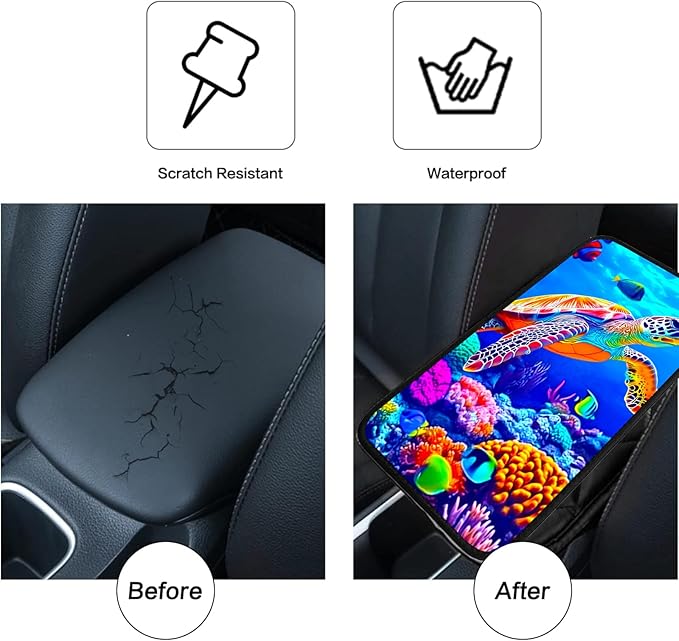 JANENFNA Car Armrest Cover Pads Universal Fashion Cute Auto Center Console Armrest Cover Pad with 2PCS Car Coasters Soft Waterproof Car Armrest Seat Protector for Women,Colorful Turtles in Sea