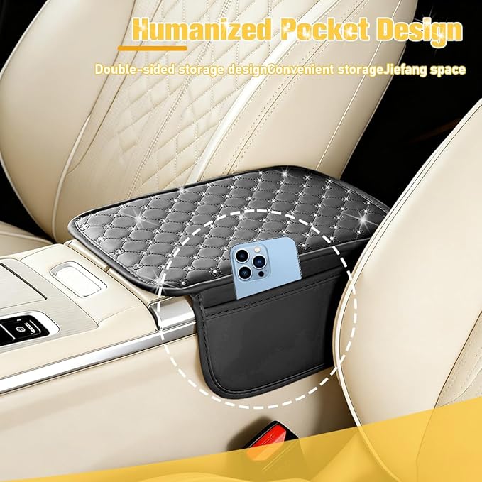 Car Center Console Cover, Leather Vehicle Armrest Storage Box Protector with 2 Storage Bags, Automotive Interior Middle Console Cushion Pad, Universal for SUV Sedan Truck (Black)