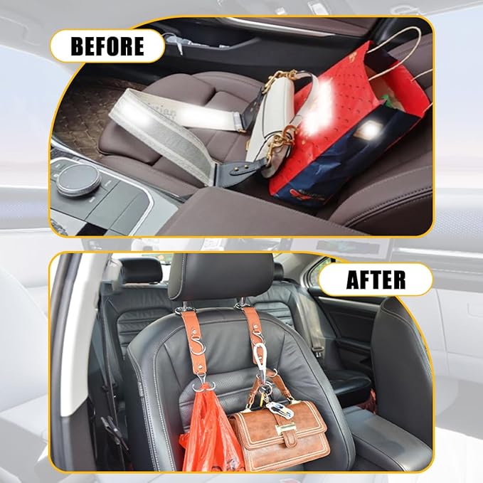 Car Seat Headrest Hook, 2PCS 3 in 1 Leather Vehicle Seat Back Hanger Holder for Grocery Purse Cloth Handbag, Automotive Backseat Storage Organizer, Universal for Truck SUV Sedan (Khaki)